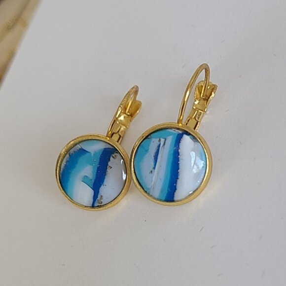 Hand Crafted Boho Gold Blue White Gemstone Marble Circle Drop Dangle Earrings - Picture 8 of 14